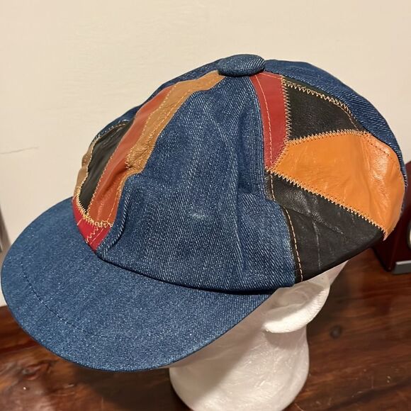 Vintage Mod Squad Leather & Denim patchwork 1970’s retro Cap Hat M 7 men’s - Picture 3 of 6
